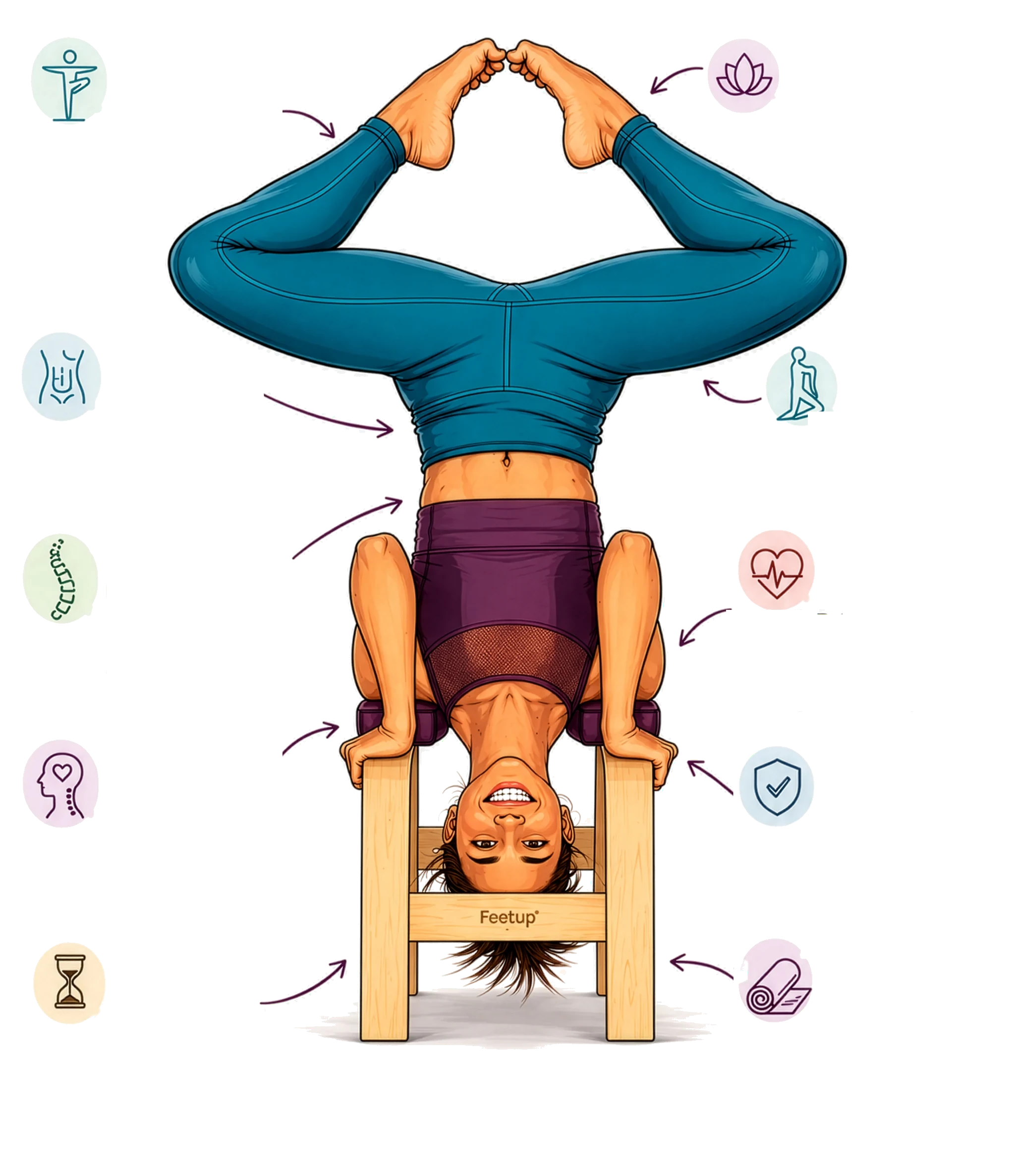 Illustration : une femme en inversion soutenue sur un FeetUp Trainer, entourée d’icônes de bienfaits